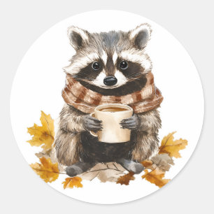 Autumn leaves cozy raccoon with cup of coffee classic round sticker