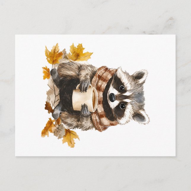 Autumn leaves cozy raccoon with cup of coffee postcard (Front)