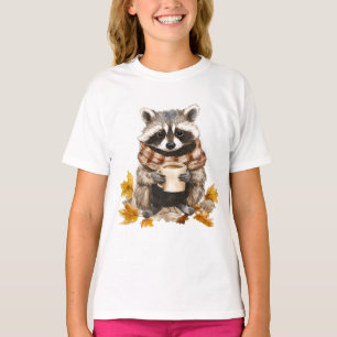Autumn leaves cozy raccoon with cup of coffee T-Shirt