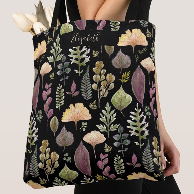Autumn Leaves Custom Name Black Tote Bag (Creator Uploaded)