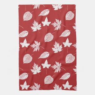 Autumn leaves - deep red and white  kitchen towel