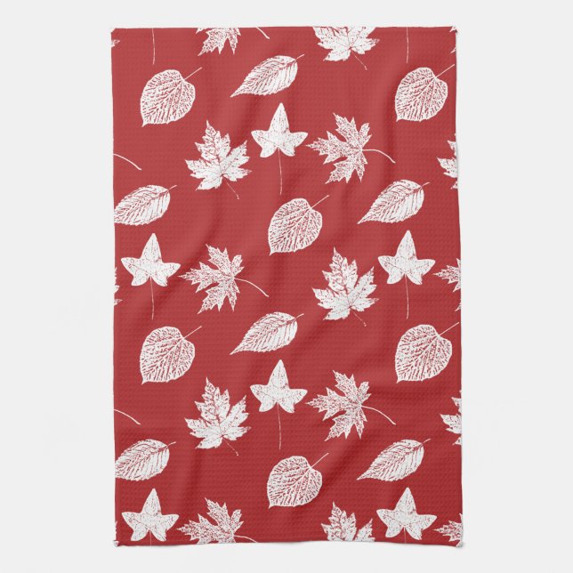 Autumn leaves - deep red and white  kitchen towel (Vertical)