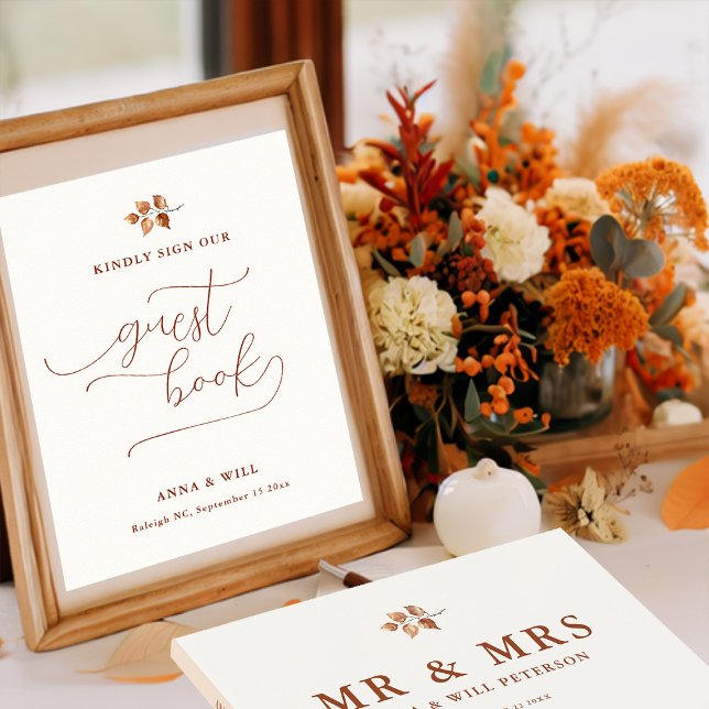 Autumn Leaves Elegant Fall Wedding Guest Book Sign (sign our guest book fall autumn wedding sign terracotta elegant calligraphy simple leaves foliage)
