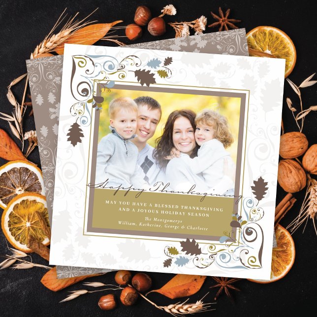 Autumn Leaves & Elegant Swirls Thanksgiving Photo Holiday Card (Autumn Fall Leaves With Vintage Brown Decorative Swirls Thanksgiving Photo Holiday Card @ fat_fa_tin)