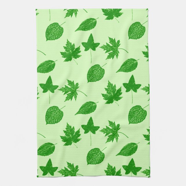 Autumn leaves - emerald and lime green kitchen towel (Vertical)