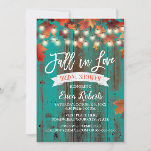 Autumn Leaves Fall in Love Teal Barn Bridal Shower Invitation