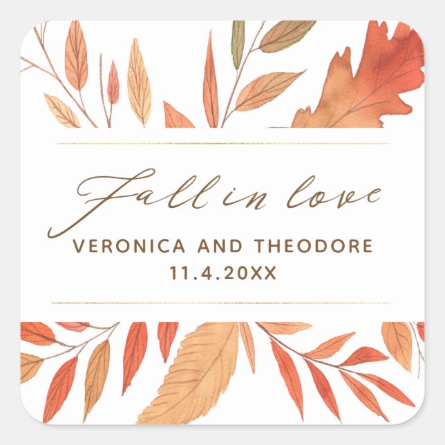 Autumn Leaves Fall In Love Wedding Square Sticker (Front)