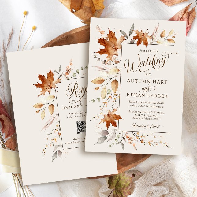 Autumn leaves Fall Ivory Floral Rustic Wedding Invitation (Elegant watercolor Autumn leaves modern ivory orange rustic  Fall QR code rsvp wedding invitation)