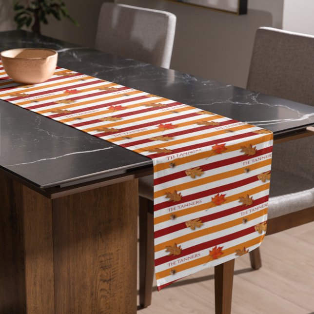 Autumn Leaves Fall Striped Personalized Short Table Runner (Creator Uploaded)