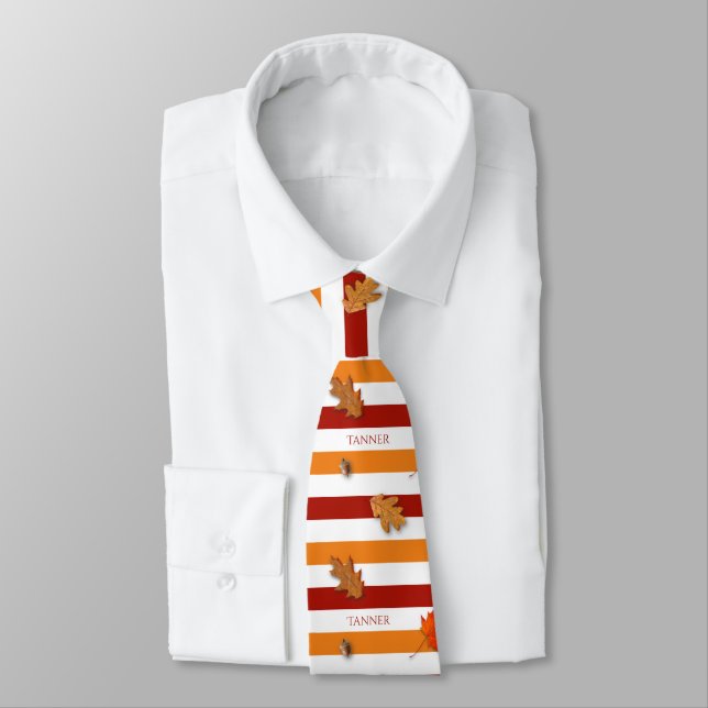 Autumn Leaves Fall Striped Personalized Tie (Tied)