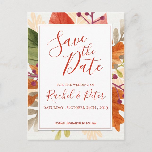 Autumn Leaves Fall Wedding Save the Date Card (Front)