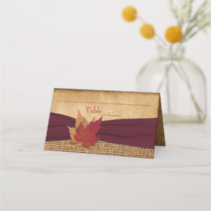 Autumn Leaves FAUX Burlap Folded Place Card - Wine