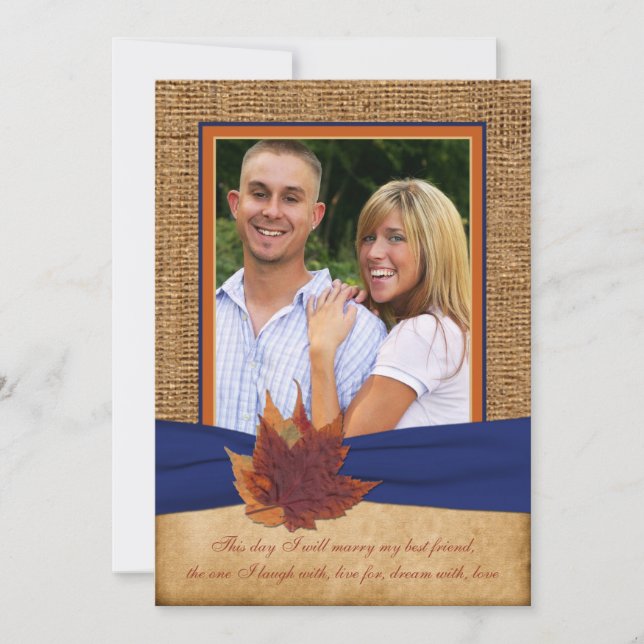 Autumn Leaves, FAUX Burlap PHOTO Wedding Invite 2 (Front)