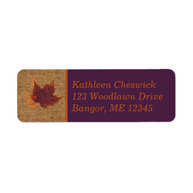 Autumn Leaves, FAUX Burlap Return Address Label (Front)