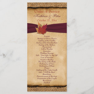 Autumn Leaves FAUX Burlap Wedding Program - Wine