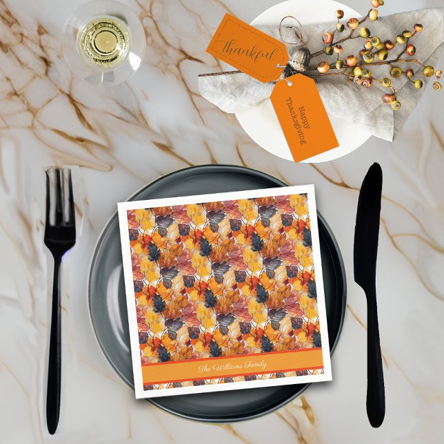 Autumn Leaves Faux Imprint  Effect Custom Name Napkin (Creator Uploaded)