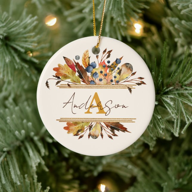 Autumn leaves frame personalized  ceramic ornament (Tree)