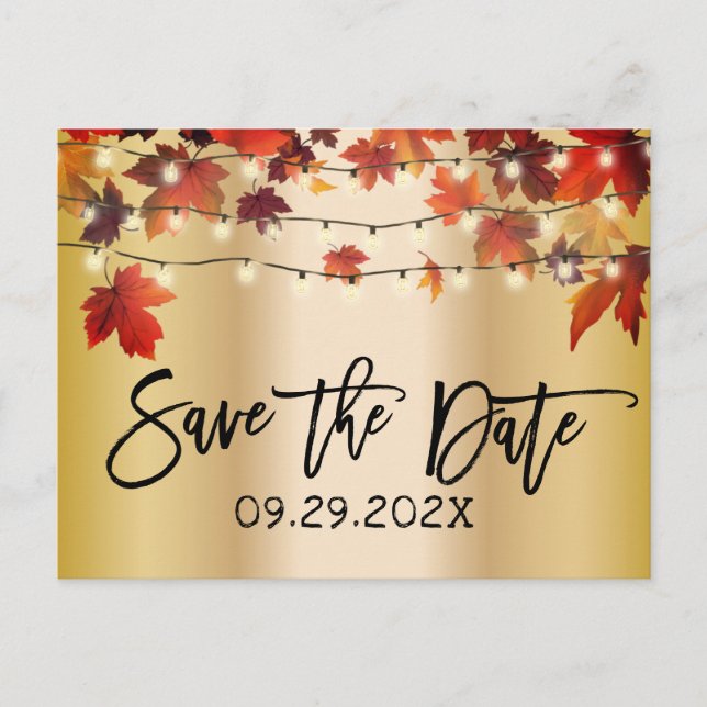 Autumn Leaves Gold Fall Wedding Save the Date Announcement Postcard (Front)