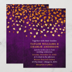 Autumn Leaves Grunge Gold and Purple Wedding Invitation