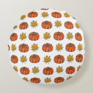 Autumn Leaves: Hand-Drawn Pumpkin Pattern Round Pillow
