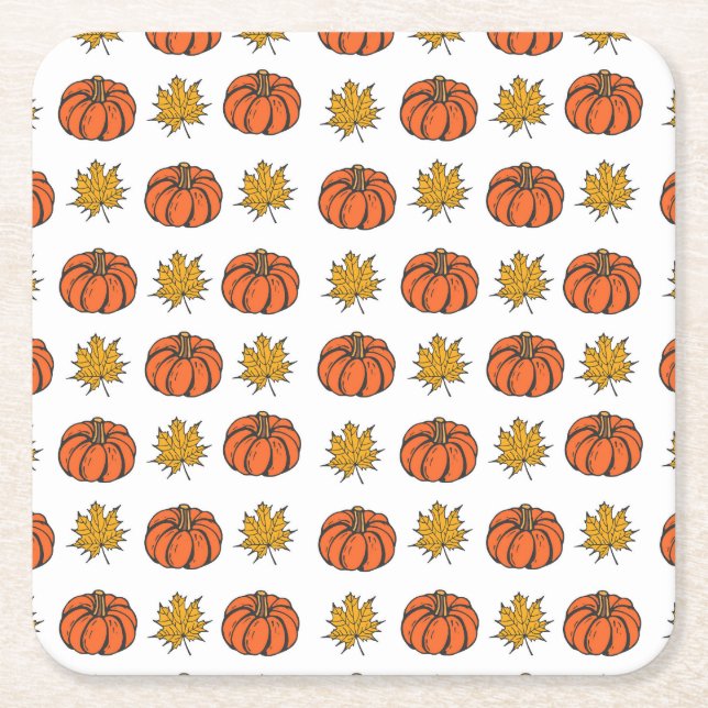 Autumn Leaves: Hand-Drawn Pumpkin Pattern Square Paper Coaster (Front)