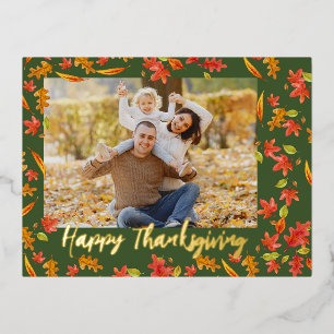 Autumn Leaves Happy Thanksgiving 2 Photo Foil Holiday Postcard