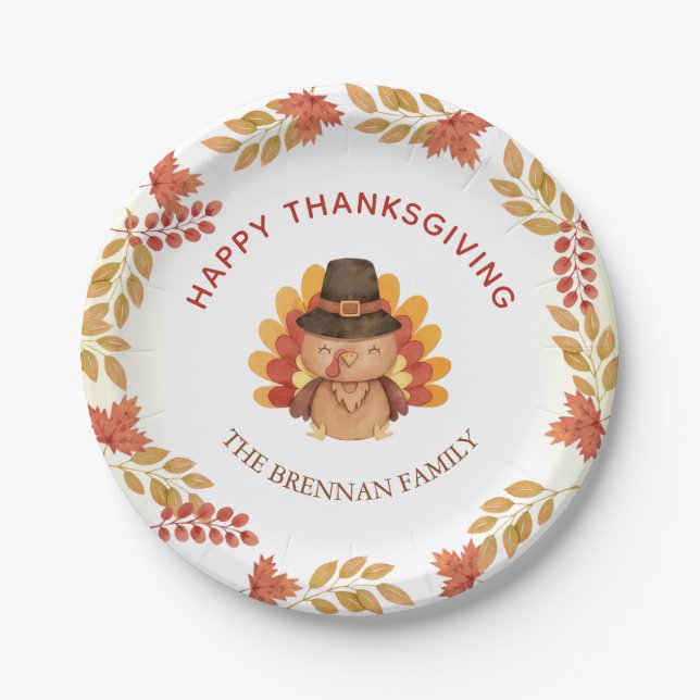 Autumn Leaves Happy Thanksgiving Dinner Gobble  Paper Plate (Front)