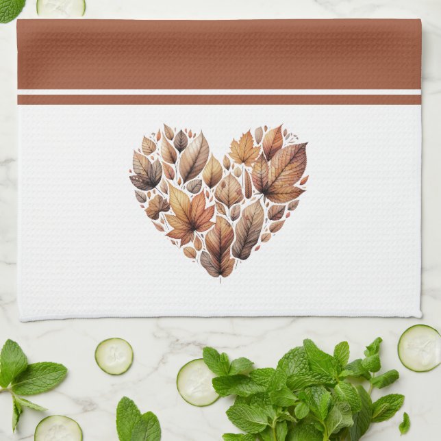 Autumn Leaves Heart Shaped Kitchen Towel (Folded)