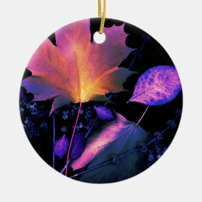 Autumn Leaves in Neon Ceramic Ornament (Front)
