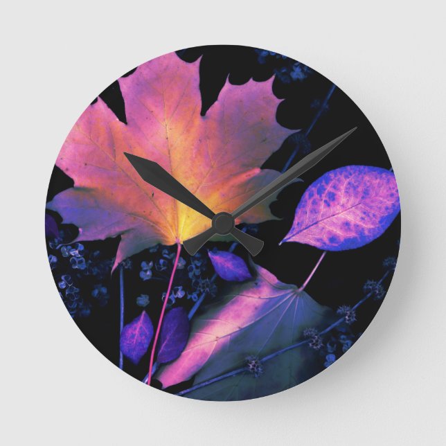 Autumn Leaves in Neon Round Clock (Front)