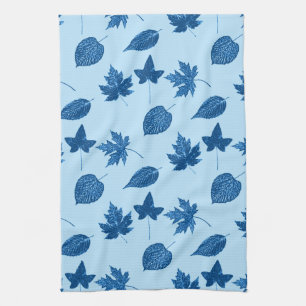 Autumn leaves - indigo and pale blue kitchen towel