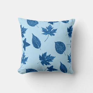 Autumn leaves - indigo and pale blue throw pillow