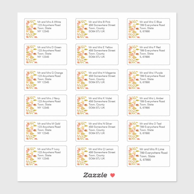 Autumn Leaves Individual Name Address Wedding (Sheet)