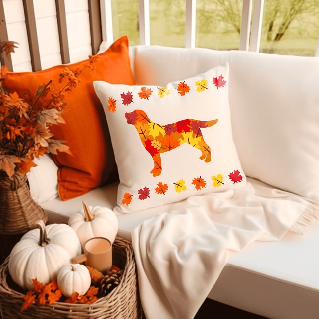 Autumn Leaves Labrador Retriever Silhouette Throw Pillow (Autumn Leaves Labrador Silhouette Pillow for Labrador lovers.  Gift Idea for dog moms.)