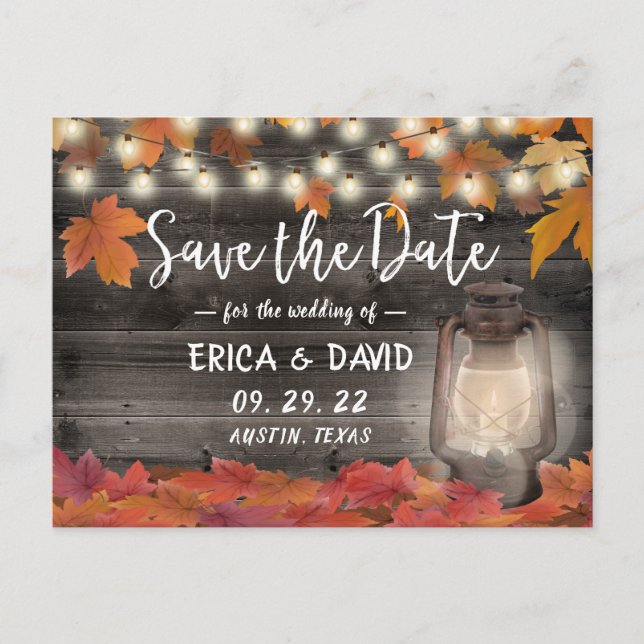 Autumn Leaves & Lantern Fall Wedding Save the Date Announcement Postcard (Front)
