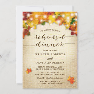Autumn Leaves Lights Burlap Fall Rehearsal Dinner Invitation
