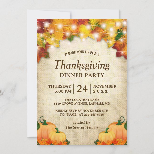 Autumn Leaves Lights Burlap Thanksgiving Dinner Invitation (Front)