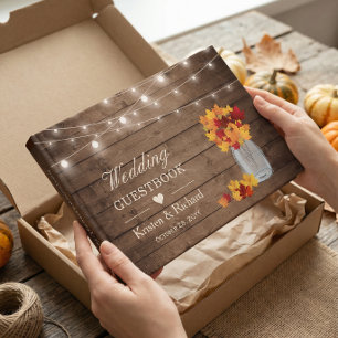Autumn Leaves Mason Jar Rustic Wood Lights Wedding Guest Book