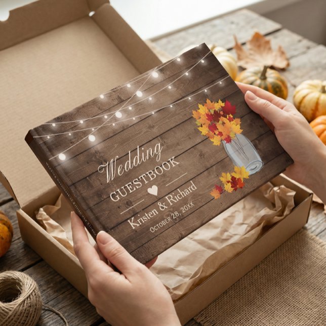 Autumn Leaves Mason Jar Rustic Wood Lights Wedding Guest Book (Creator Uploaded)