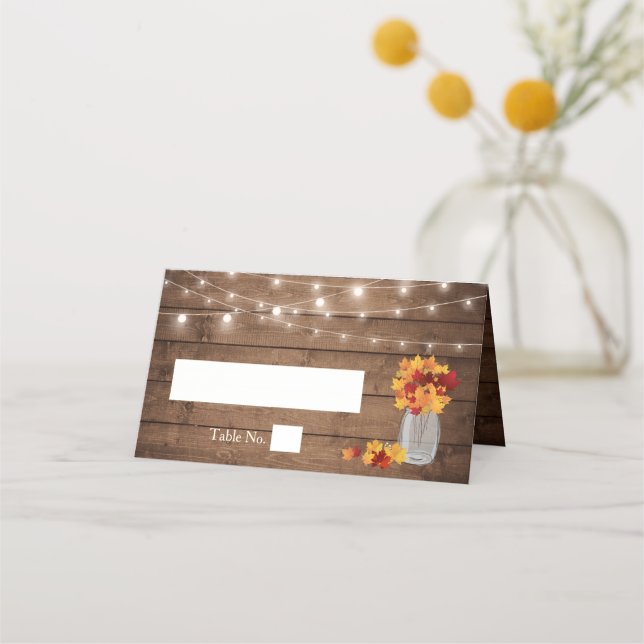 Autumn Leaves Mason Jar String Lights Wood Wedding Place Card (Front)