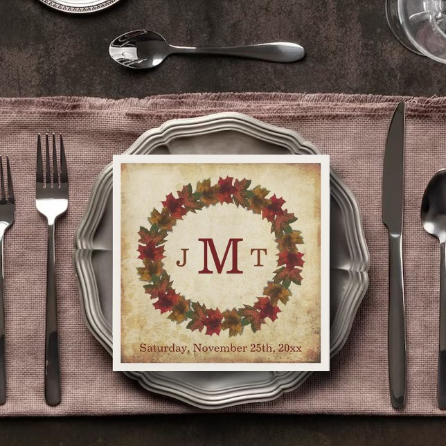 Autumn Leaves Monogram Thanksgiving Dinner Napkin (Creator Uploaded)