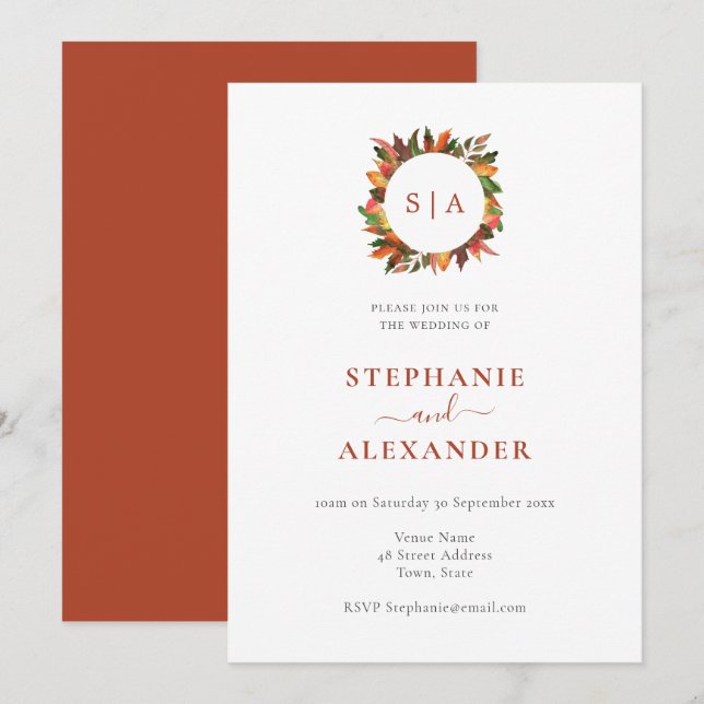 Autumn Leaves Monogram Wedding Invitation (Front/Back)