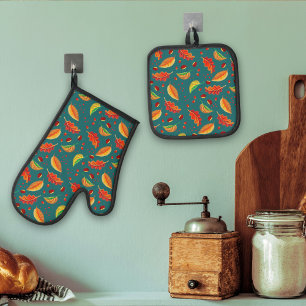  Autumn Leaves Nuts Chestnuts Pattern Elegant Fall Oven Mitt & Pot Holder Set