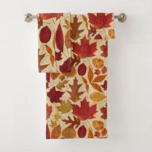 Autumn Leaves on Beige Damask Bath Towel Set