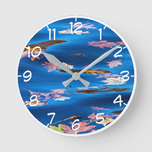 Autumn Leaves on Blue Water Round Clock (Front)