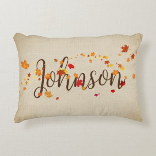 Autumn Leaves on Burlap with Last Name Accent Pillow