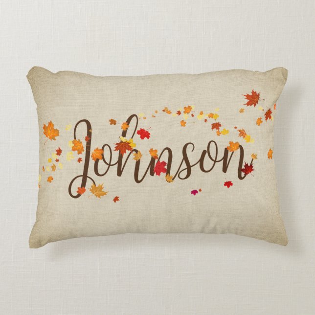 Autumn Leaves on Burlap with Last Name Accent Pillow (Front)