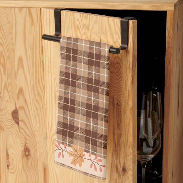 Autumn Leaves on Plaid Kitchen Towel (Thirds Fold)