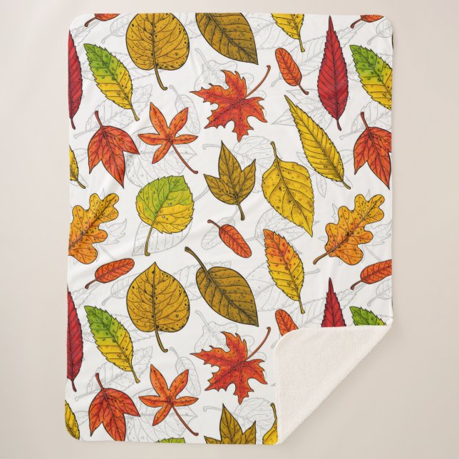 Autumn leaves on white sherpa blanket (Front)