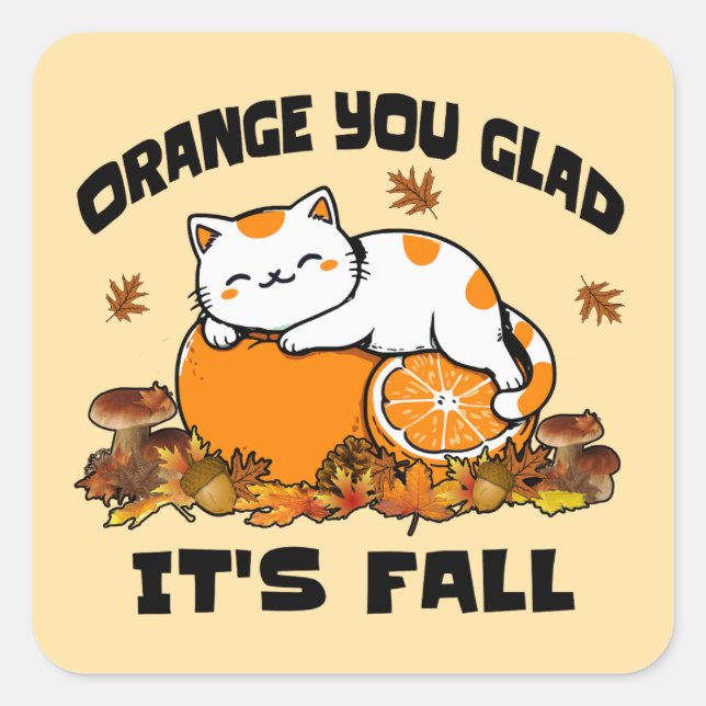 Autumn Leaves Orange You Glad It's Fall Funny Cat  Square Sticker (Front)
